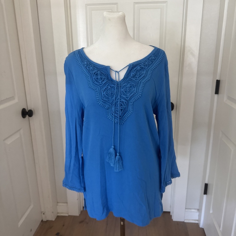 Vtg Ruby Rd Womens‎ size M/10 Solid Blue Tunic Top Crochet Tassels 100% Viscose